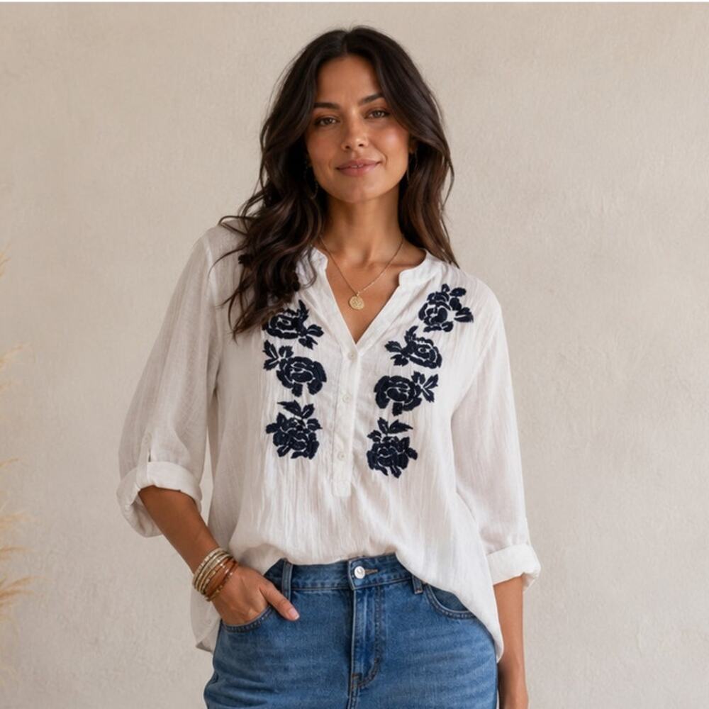 Cathy Size L White embroidered Peasant blouse